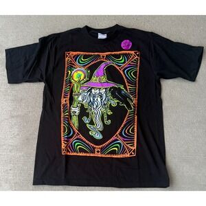 All Sport Maxweight Unisex T-Shirt Black Psychedelic Wizard Print USA Made L 44